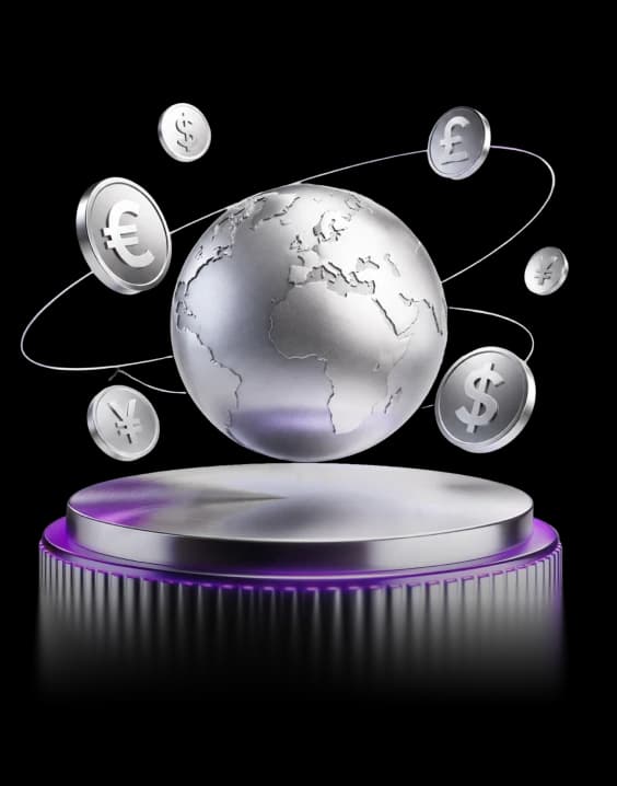 Silver globe orbited by currency coins