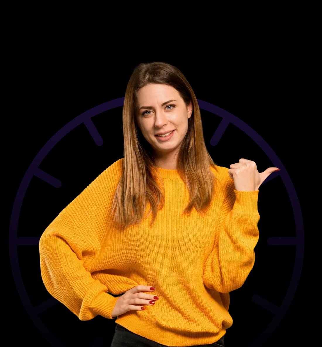 Smiling woman in a yellow jumper pointing to the side