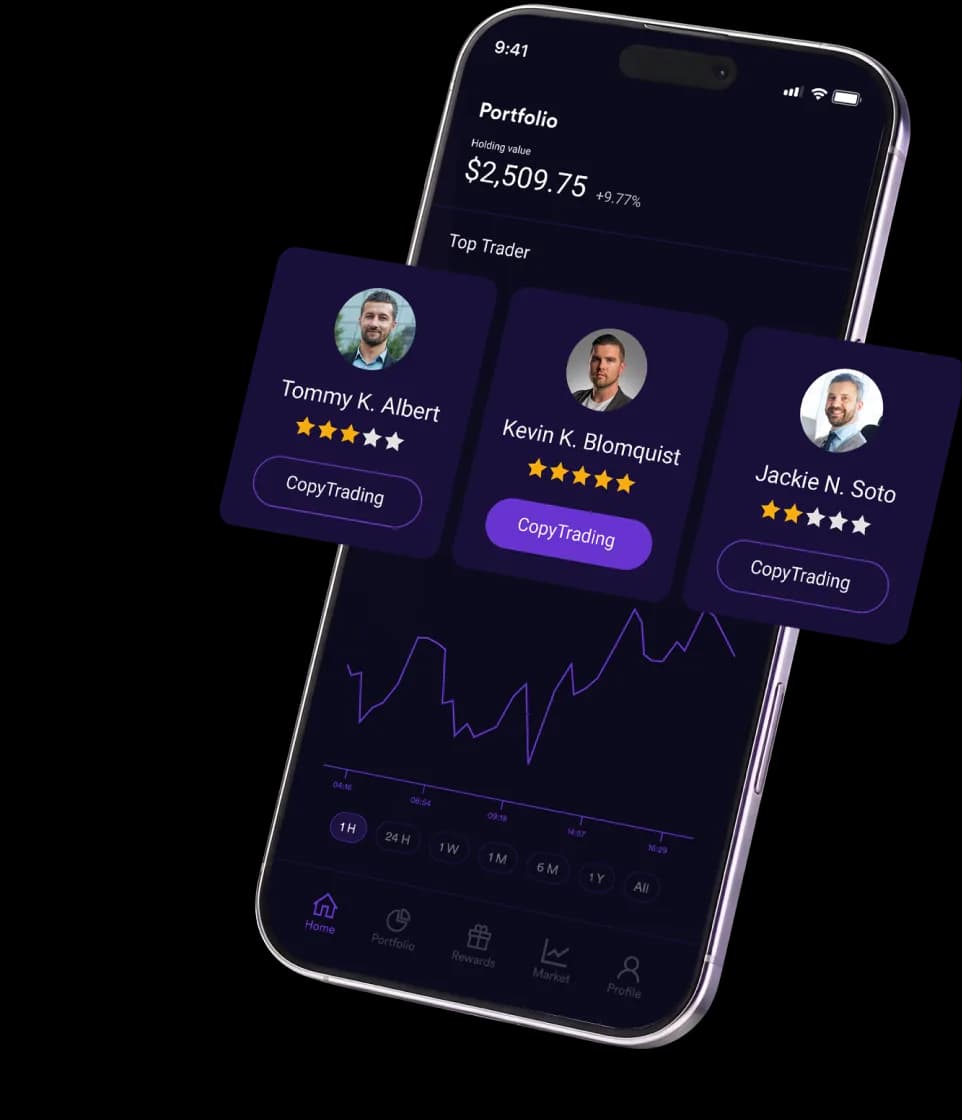 Phone showing the Inveslo copy trading app with trader cards