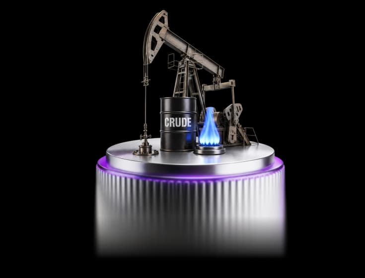 Metallic oil barrels and a pump jack